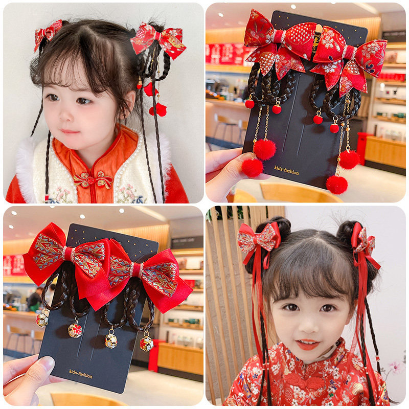 儿童新年头饰兔年女童红色拜年汉服发夹中国风宝宝假发辫过年发饰
