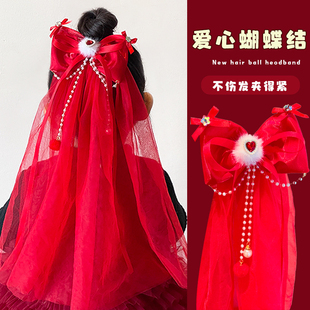 儿童新年头饰女童喜庆高颜值后脑勺超仙美蝴蝶结头纱红色过年发饰