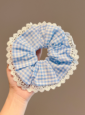 低马尾蓝色格子花边大肠发圈jk学院风制服小女孩皮筋发饰头绳头花