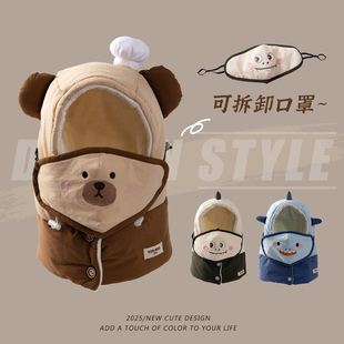 儿童帽子口罩围脖一体男童女童2025新款宝宝防风保暖护耳套头帽冬