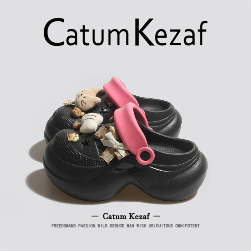 [甜酷猫咪]美国CatumKezaf黑色卡通洞洞鞋女夏季外穿厚底包头凉鞋