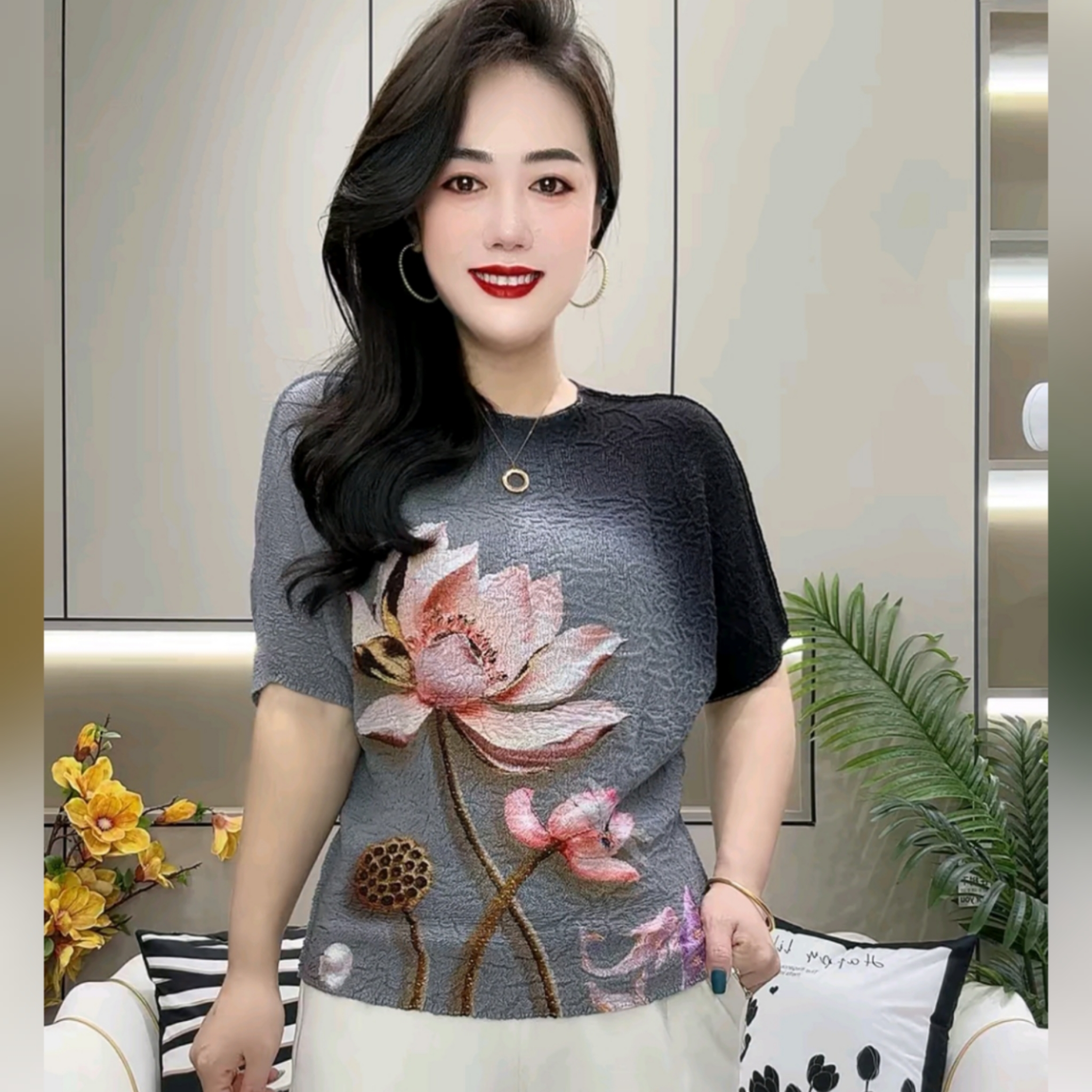妈妈装夏季新款真丝褶皱短袖T恤