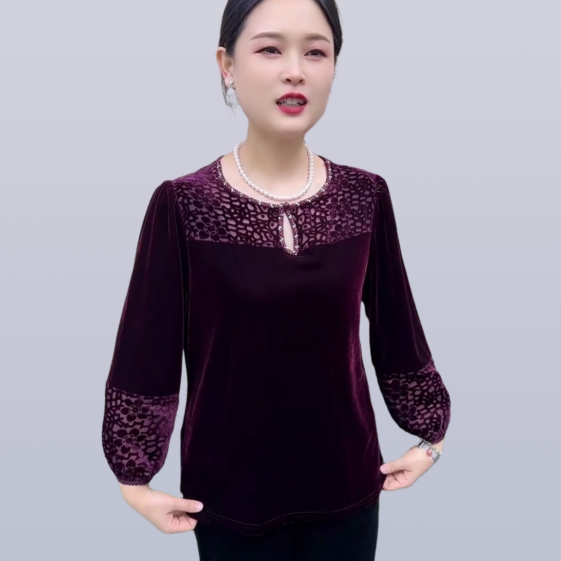 大码女装蕾丝拼接金丝绒上衣女