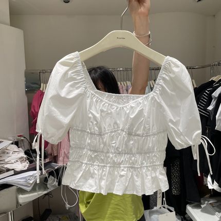 十三行法式甜美气质皱褶衬衫女夏季小个子设计感绑带绝美短款上衣