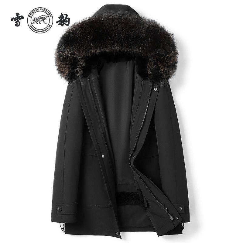 雪豹新款兔毛内胆男士派克服商务休闲连帽貉子毛皮草外套