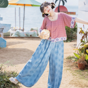 花朝记｜桃桃乐｜唐制汉服元 印花舒适日常夏清凉 素垂领背子灯笼裤