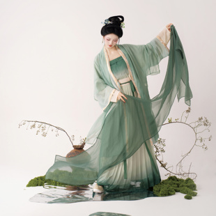 花朝记｜寒露｜宋制汉服仿长干寺背心对襟长衫飞机袖褶裙绿色印金
