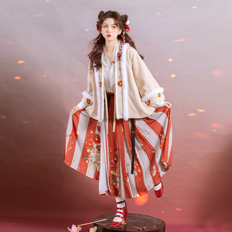 春意闹花朝记汉服原创设计宋制汉元素对襟袄交领印花中长裙秋冬_虎窝淘