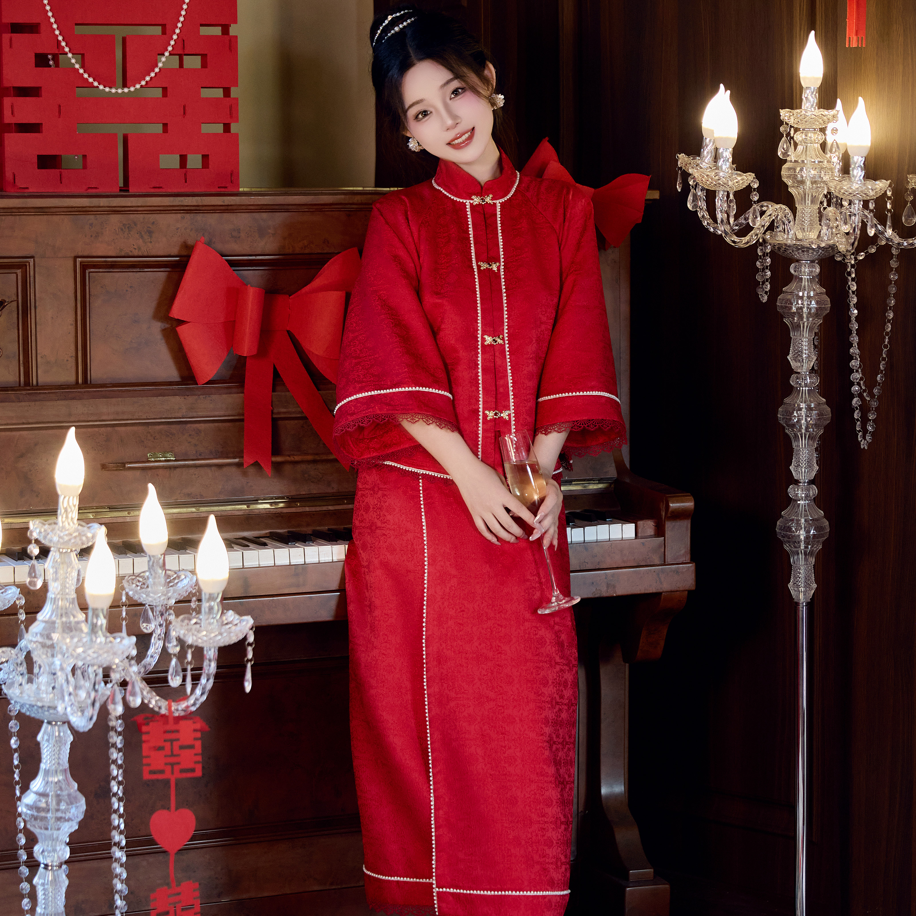 花朝记酒红色两件套汉服半身裙