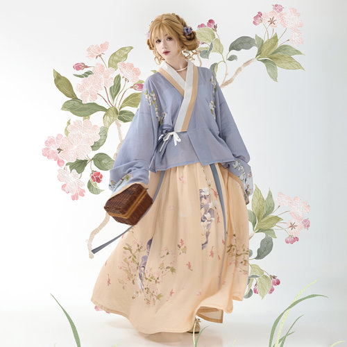 花朝记｜浅花着眠｜晋制汉服晋襦交窬裙人棉印花粉紫色文艺公主风