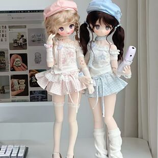 ob2422BJD4分蓝粉闺蜜套装甜美蕾丝短裙贝雷帽套装可爱少女娃服装