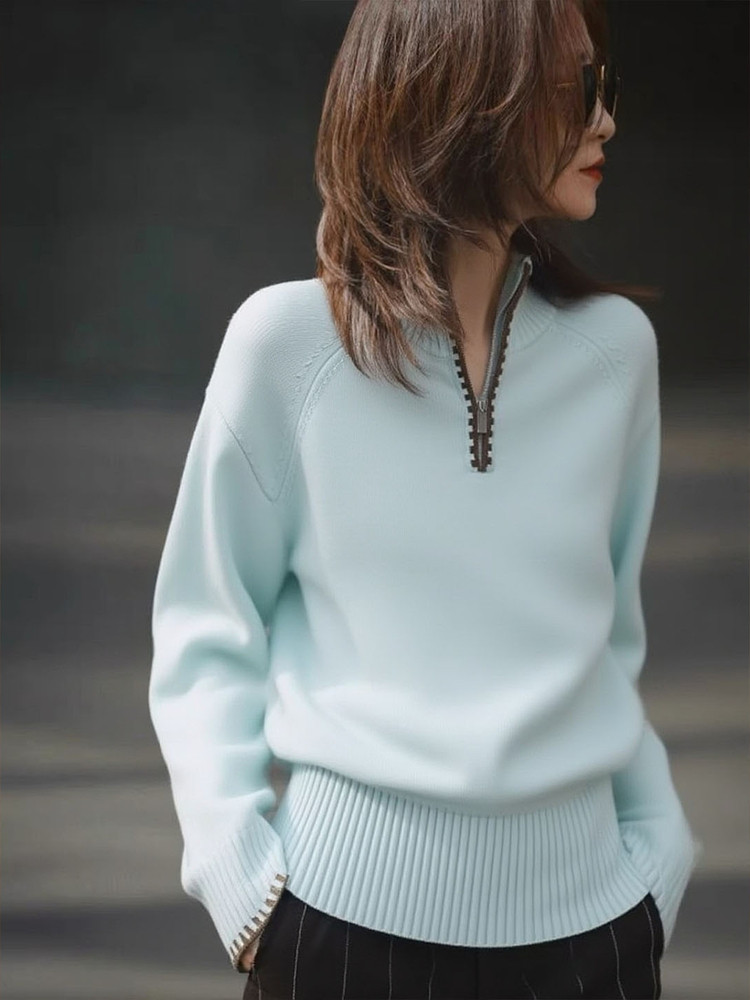 蓝色半拉炼高领毛衣女2025新款秋冬内搭可外穿高级感套头针织上衣,女装/女士精品,羊绒衫,淘宝优惠券,粉丝福利购,淘宝优惠卷