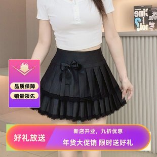 甜辣妹蝴蝶结收腰半身裙女装早秋蕾丝边显瘦百褶短裙小褶子裙