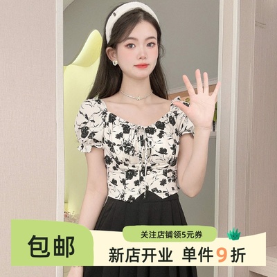 法式方领碎花雪纺衫泡泡袖短款显瘦纯欲上衣女设计感小众别致小衫