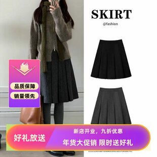 毛呢半身裙女秋冬新款灰色中长裙高腰百褶裙小个子百搭a字短裙子