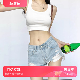 美式高街复古不规则做旧破洞牛仔短裤女夏宽松显瘦阔腿裤低腰热裤