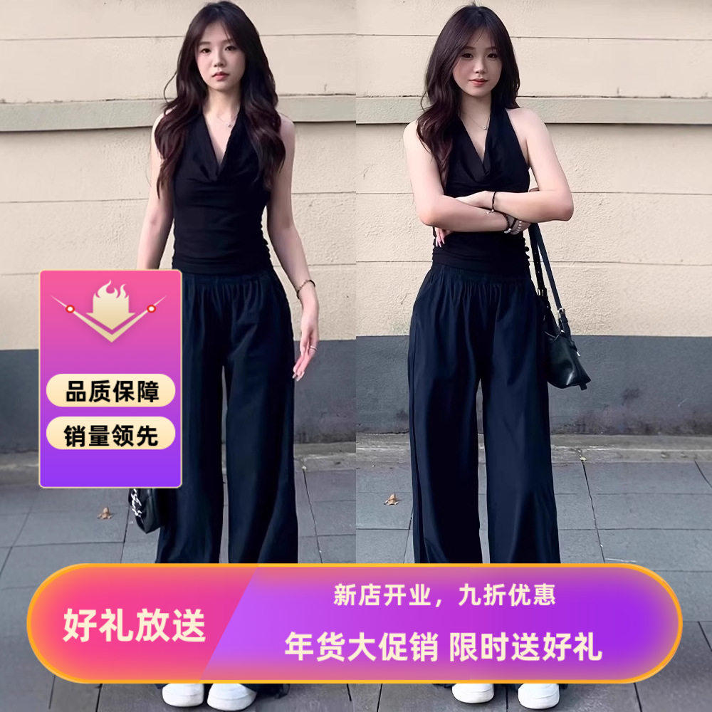 藏青色工装裤女春夏新款高腰垂感阔腿裤小个子休闲速干直筒运动裤