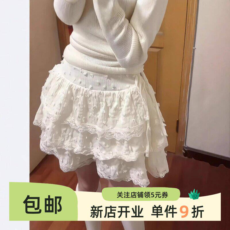 夏季甜美奶黄色半身裙女设计感小个子蕾丝边高腰蛋糕蓬蓬裙子潮