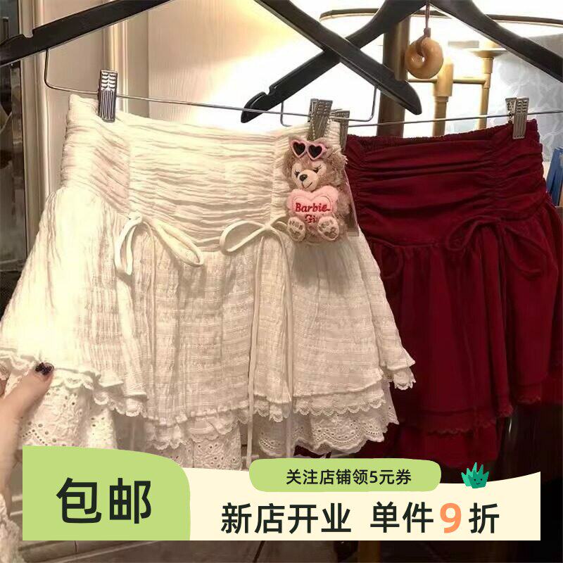 蝴蝶结系带蕾丝白色蛋糕裙短款2025新款可爱百搭短裙甜美半身裙