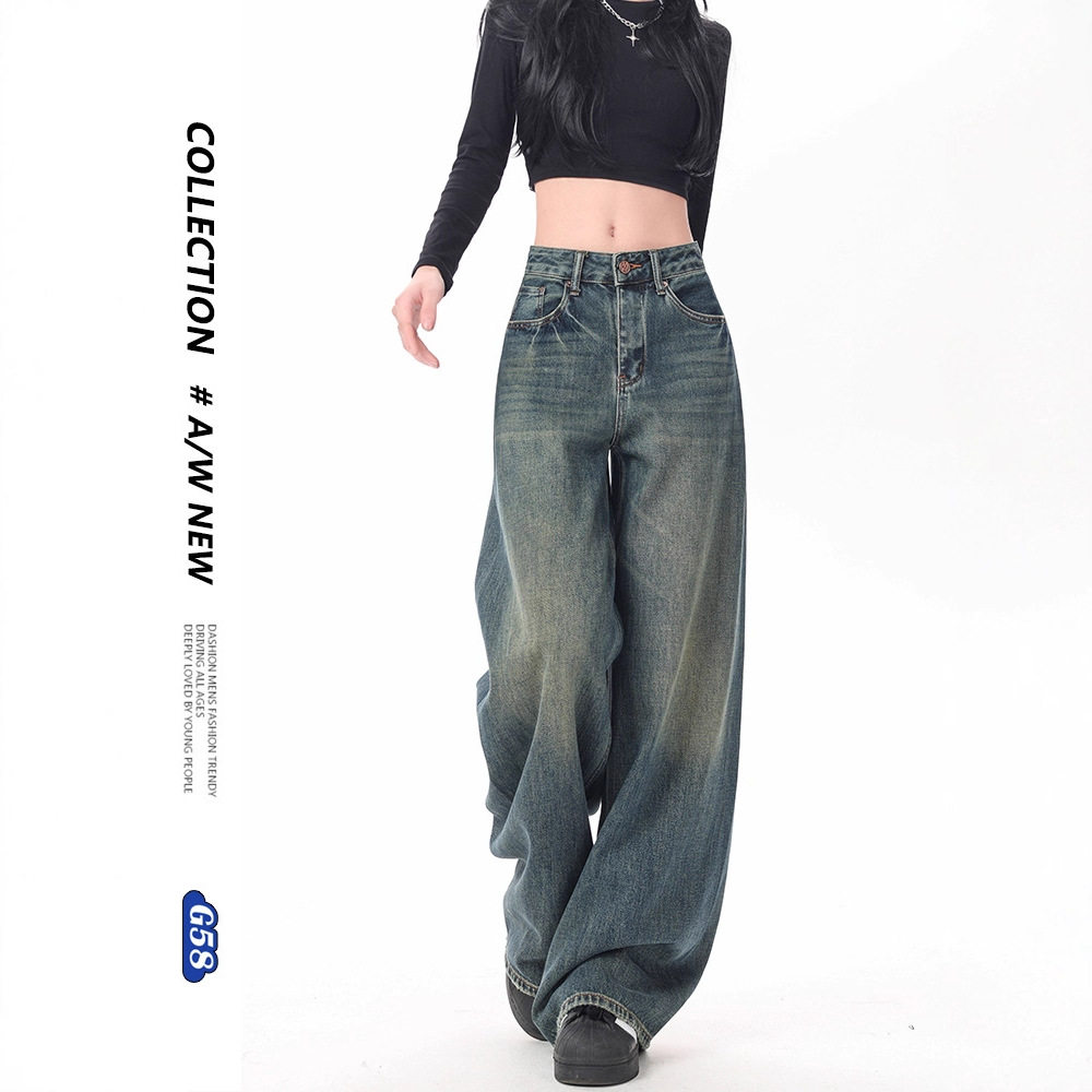 怀旧复古美式阔腿牛仔裤女宽松高腰春秋2025新款垂感直筒拖地裤子,女装/女士精品,牛仔裤,淘宝优惠券,粉丝福利购,淘宝优惠卷