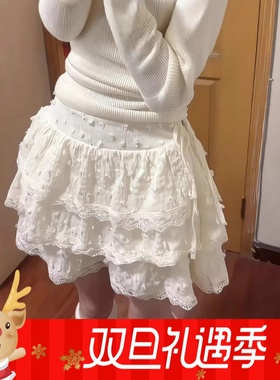 夏季甜美奶黄色半身裙女设计感小个子蕾丝边高腰蛋糕蓬蓬裙子潮