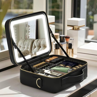 高级LED带镜子旅行化妆包女便携式大容量化妆刷箱手提分区美妆包