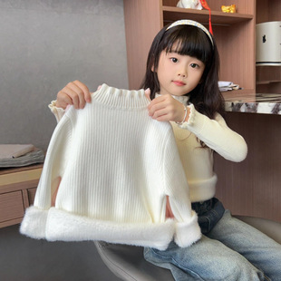 新款儿童一体绒毛衣加绒韩版木耳花边领打底衫宝宝保暖针织衫童装