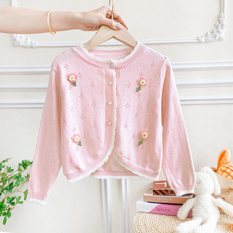 女童开衫毛衣款春夏洋气儿童针织镂空纯棉开衫轻薄透气空调衫