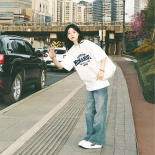 新款 半袖 夏季 T恤重磅宽松潮牌学生纯色高街美式 上衣 女装 纯棉短袖