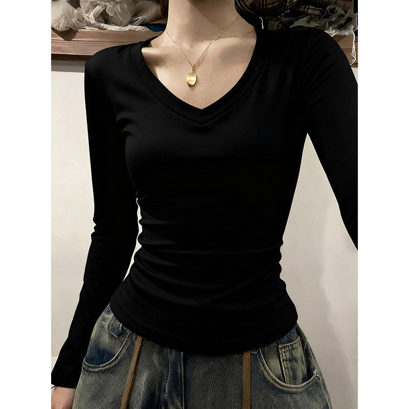 V领长袖T恤女秋冬季薄款内搭打底衫外穿修身显瘦正肩纯色黑色上衣,女装/女士精品,T恤,淘宝优惠券,粉丝福利购,淘宝优惠卷