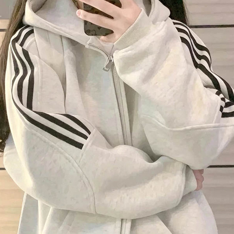 美式三条杠卫衣外套女2026新款连帽拉链开衫春秋季宽松学生上衣潮