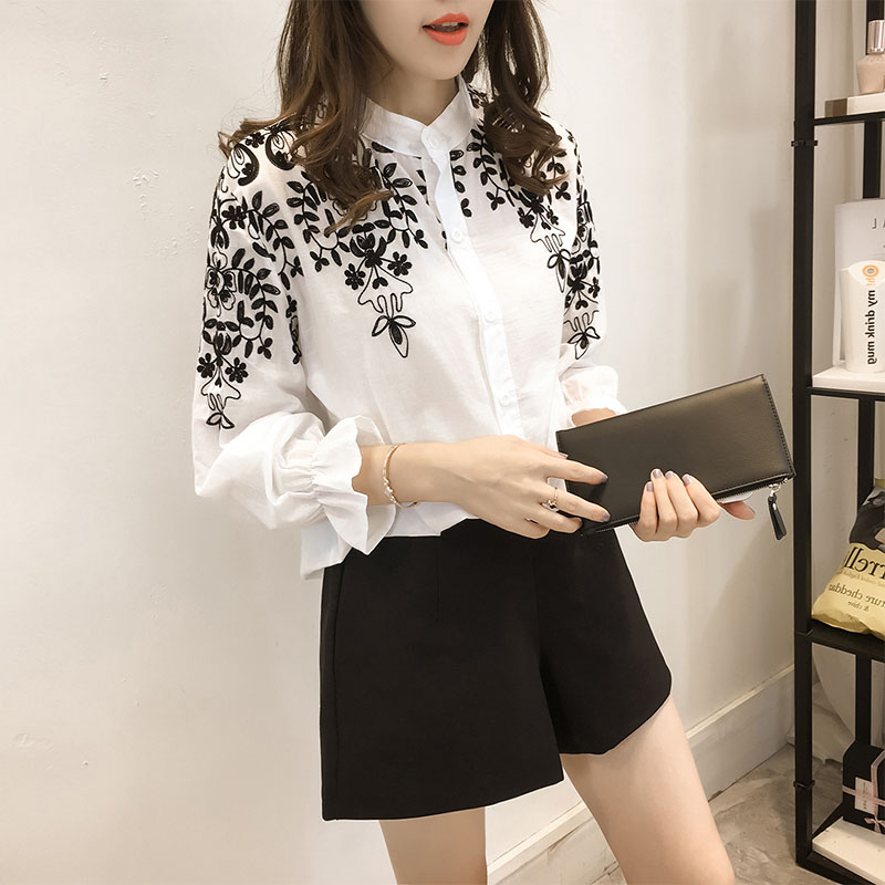 欧洲站女装2020春夏秋季新款立领刺绣牡丹花肩膀花朵女衬衫白衬衣