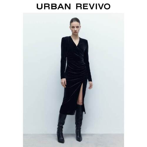 U气R2UWG732000W3春季新款女装高级感质抽褶开衩连衣裙UG7322005