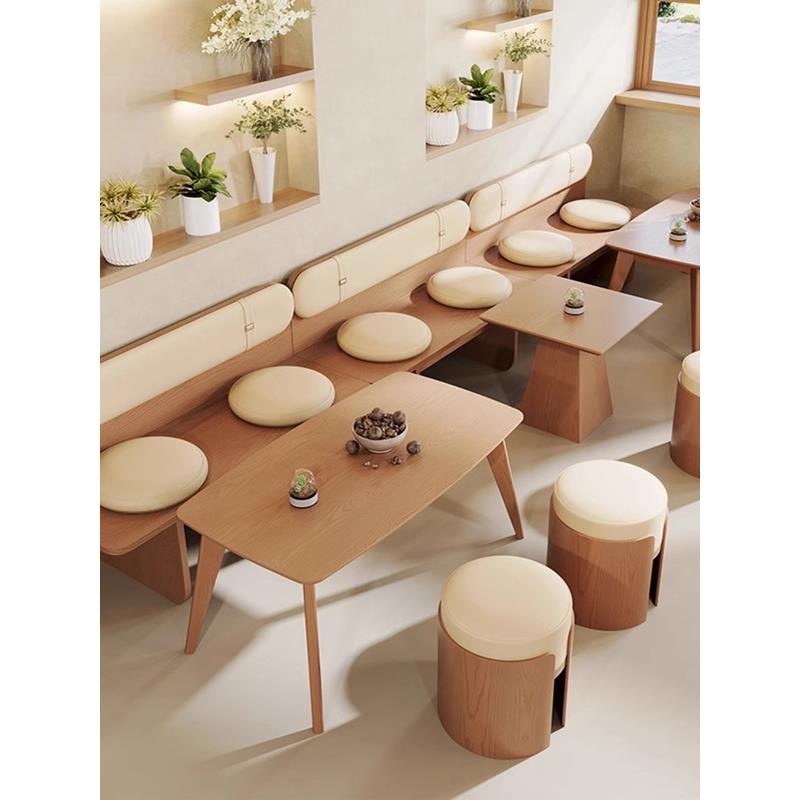 原木风靠墙卡座沙发组合奶茶店咖啡厅休闲区西餐厅桌椅商用桌椅