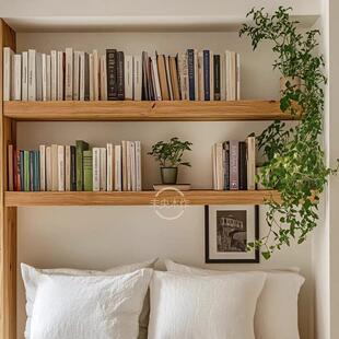 实木卧室上墙置物架客厅满墙展示书架纯手工原木一字隔板窄款简约