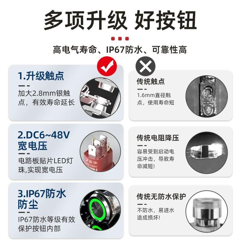 19 22mm红波宽电压双色 高寿命防水金属按钮点动自锁开关24 220V*