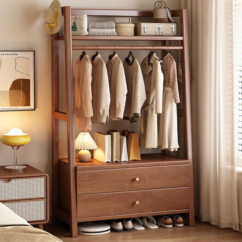 北欧实木衣帽架带抽屉现代简约卧室床头柜衣架一体家用落地挂衣架