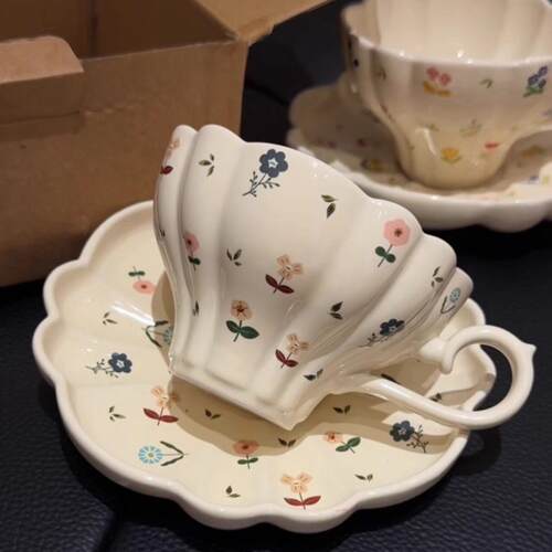 清新法式碎花小裙子咖啡杯碟下午茶杯拉花杯陶瓷咖啡杯子闺蜜礼物
