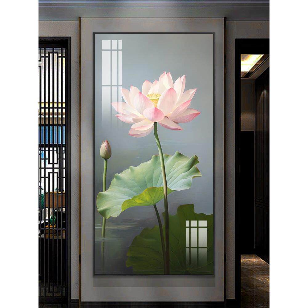现代简约玄关背景墙装饰画新中式风格过道走廊荷花挂画高档艺术画