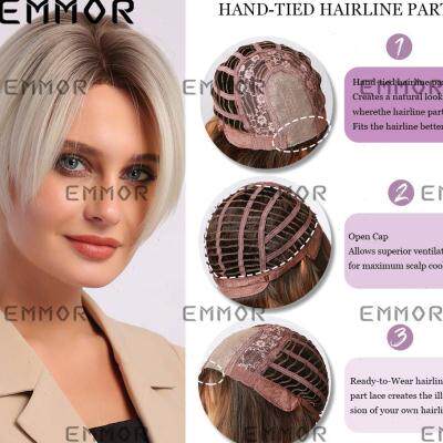 Emmor欧美手织蕾丝假发 偏分渐变金色短直发假发老奶奶款舒适日常