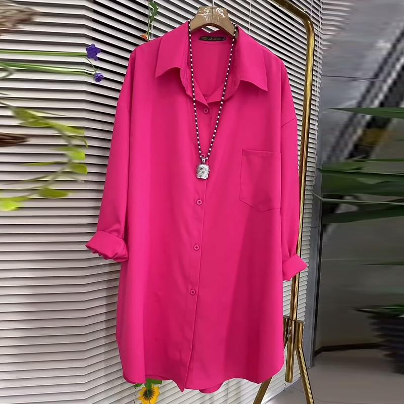 2025新款韩版大码女装翻领净版长袖衬衫胖妹妹纯色简约休闲百搭春