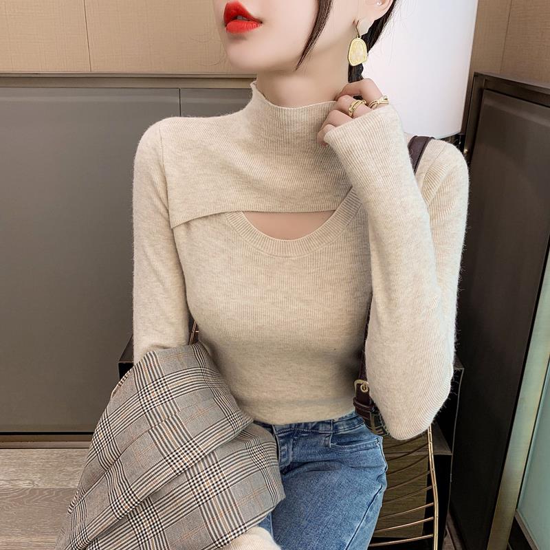 2025新款韩版半高领镂空设计感打底衫女2025秋冬新款针织薄款内搭