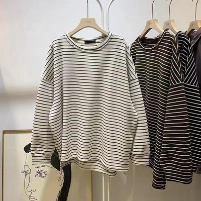 2025新款韩版chic复古港味条纹圆领卫衣女春秋季薄款韩版宽松大码