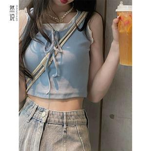 外穿 2025新款 韩版 辣妹蓝色假两件吊带小背心女夏季 设计感小众无袖
