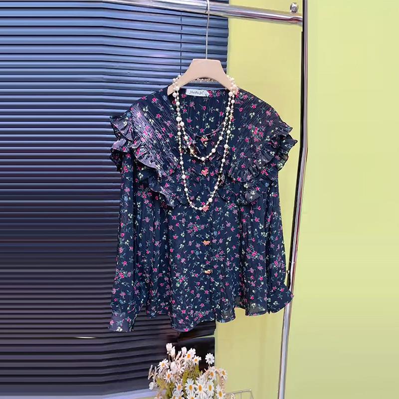 2025秋冬新款韩版加肥披肩领荷叶边长袖碎花小衫大码女装设计感秋