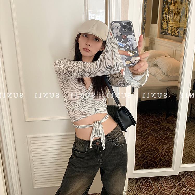 2025新款韩版绑带短款长袖T恤女辣妹紧身高腰显瘦内搭打底设计感