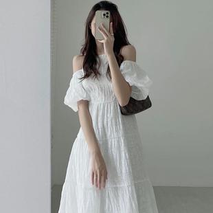 温柔圆领露肩褶皱肌理感设计宽松泡 2025新款 韩版 韩国chic夏季 法式