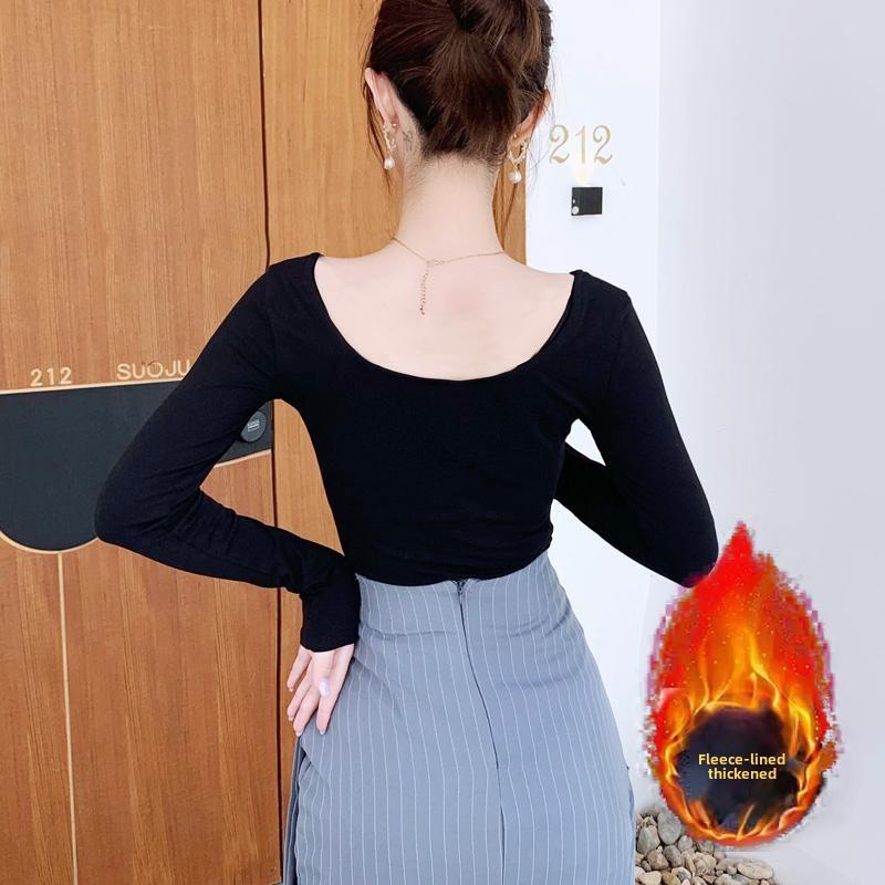 2025新款韩版前后U领长袖T恤女大圆领保暖紧身内搭打底衫冬加绒低