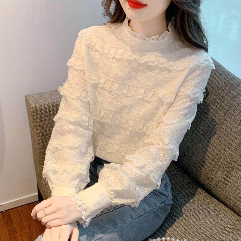 2025新款韩版加绒加厚半高领蕾丝打底衫女2025新款秋冬季外穿上衣