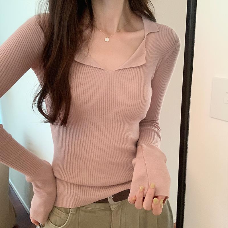 2025新款韩版纯色修身显瘦打底衫秋冬季2024新款软糯polo领针织衫